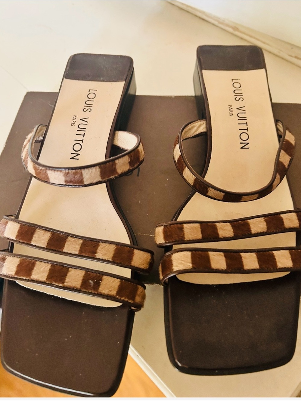 Louis Vuitton Brown and Cream Striped Haircalf Slide Sandals